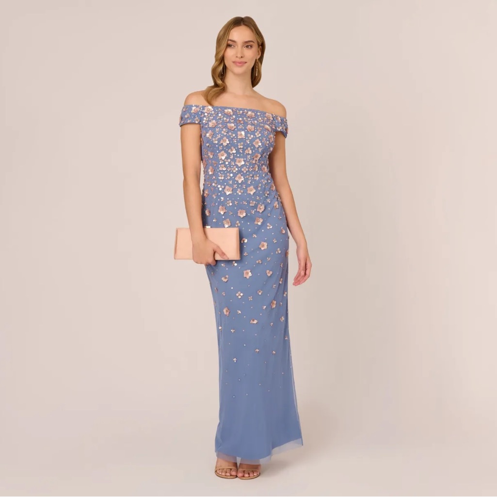 Adriana Papell Off The Shoulder Dress With Floral Embellishment Nwt 16